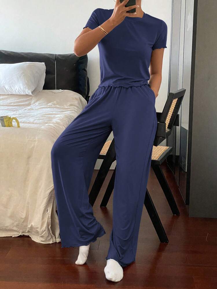 Solid Color Wave Trim Decor Fitted Top And Pants Home Outfit Set Pajama