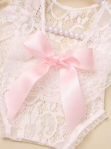 SHEIN Newborn Girl Lace Romper Set For Photoshoot Pink Ribbon Bow Romper Newborn Photo Props Infant Photography Outfit - White - View 6