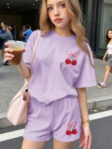 SHEIN Leap Crew 青少年女孩休闲简约短袖短裤两件套，适合夏季 - 淡紫色 - 查看 2