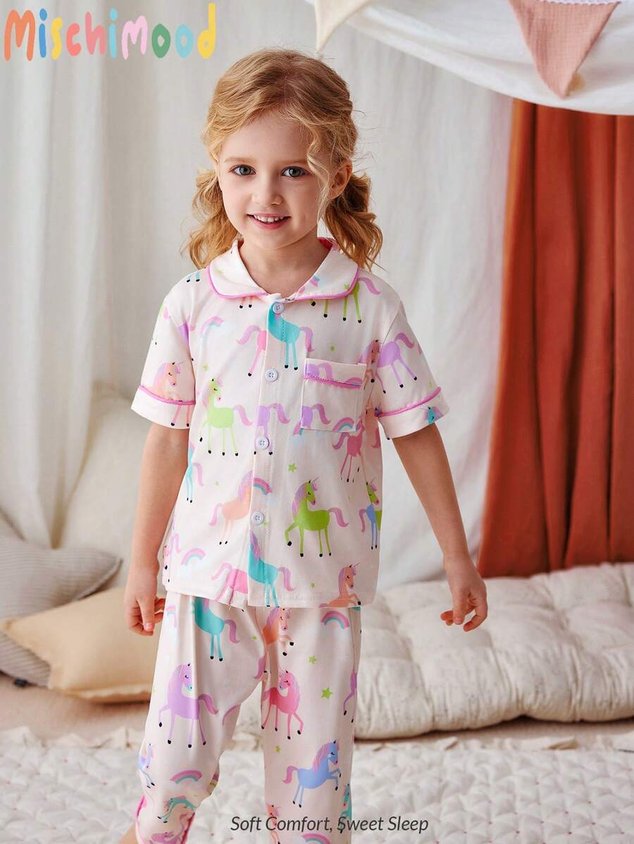 Set de 2 piezas de pijama para bebé niña con parte superior de manga corta y pantalones con estampado lindo y dulce de poni, cómodo y casual - Rosa - Ver 1
