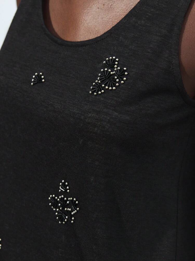 SHEIN Maija 2025 Autumn New Black & White Patchwork Beaded Embroidered 2 In 1 Tank Top , Modern Elegant Urban Romantic Refined Y2K Country Music Festival Vintage Korean Airport Travel Street Wedding Guest Birthday Halloween Business Casual Office Date Party Outing Back To School Fall Women's Wear