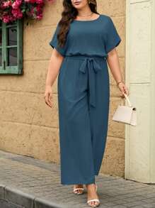 SHEIN Clasi Plus Size Solid Color Batwing Sleeve Jumpsuit,Summer Casual - Teal Blue - View 4