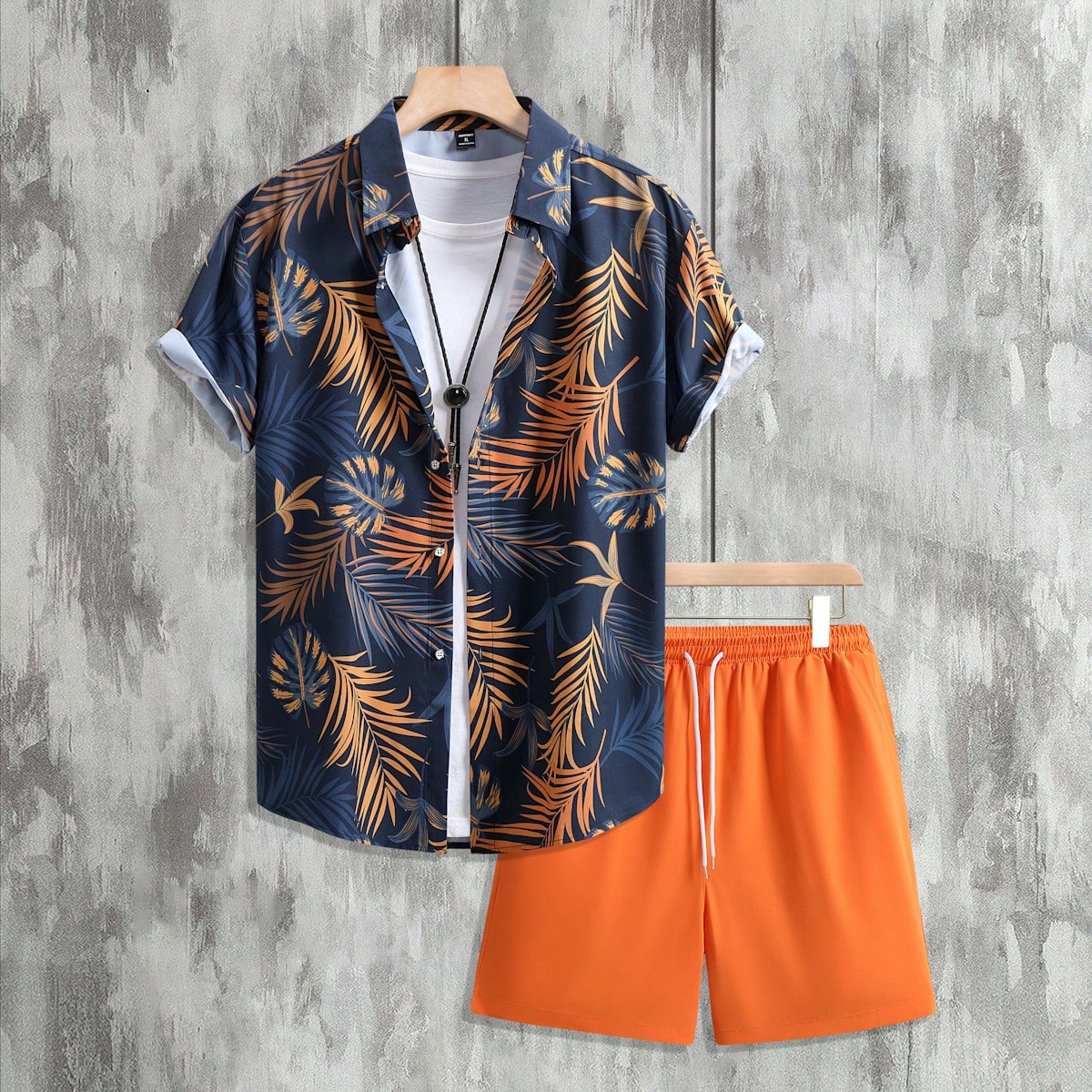 Conjunto casual de camisa de manga corta y pantalones cortos con estampado tropical de plantas hawaianas para hombres, camisa con estampado tropical p