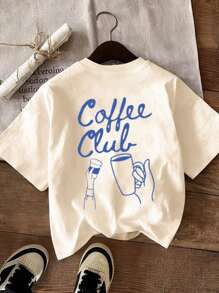 Flirla 夏季女款宽松T恤，咖啡俱乐部印花，白色短袖图案短袖 - 黑色 - 查看 2