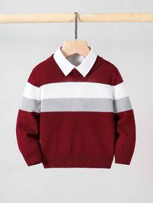 SHEIN 秋冬儿童/男童休闲日常装舒适拼色圆领长袖套头衫 - 彩色 - 查看 3