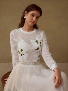 MOTF PREMIUM LACE FAUX PEARL EMBROIDERY FLORAL PATTERN SHEER TOP - White - View 2