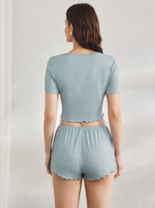 Ocili Leisure Women's Comfortable Stretchy Ruffle Trim Short Sleeve & Shorts Pajama Set