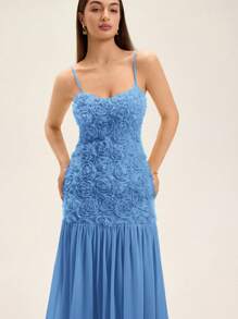 GENKIRA Vestido elegante y sofisticado para fiesta, con tela texturizada de rosa amarilla, empalmado, bajo de color block en chifón, de estilo romántico - Azul - Ver 3