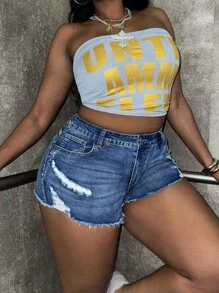 SHEIN PETITE CURVE Shorts pitillo de talla grande para mujer de jean azul elástico y desgarrado