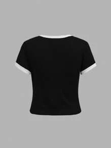 SHEIN Girlism 2 件青少年女孩春夏针织条纹黑白撞色休闲修身基本款 T 恤和撞色腰部宽松口袋裤套装，女孩休闲运动街头服饰，学校运动，返校，足球运动，户外舒适套装 - 黑與白 - 查看 4