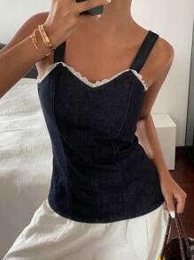 Livesso Women's Summer Lace Patchwork Decor Spaghetti Strap Cami Crop Top - Blue - View 5