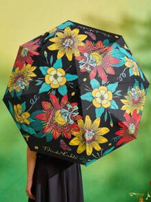 Frida Kahlo X SHEIN 1 pieza Paraguas con estampado floral de artista, con recubrimiento adhesivo negro antisolarde talla grande de 50 de protección UV, apto para la escuela, el trabajo, salir y uso diario, diseñado para estudiantes universitarios, estudiantes de secundaria y mujeres, floral, artístico, elegante