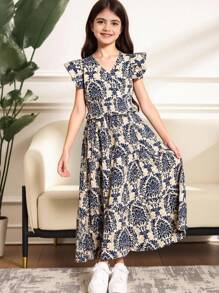 SHEIN 中小學女生的可愛飄逸袖口上衣搭配層疊式緞面花朵印花裙套裝 - 藍色 - 查看 2