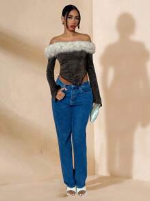 Glamine Ensemble de vêtements vintage pour le Nouvel An Élégant manteau de fourrure et garniture métallique Manches évasées Ourlet asymétrique Col tee-shirt à manches longues pour femme pour les fêtes d'hiver, Tenue de luxe pour soirée, Top pailleté automne/hiver pour les tenues de fête de Noël
