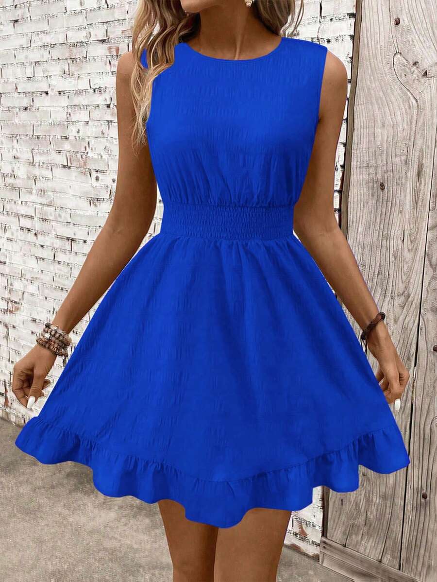 Breezaya Sleeveless Smocked Waist Dress, Refreshing Sleeveless Design Suitable For Summer, Smocked Waist Outlines A Slim Waistline, Length To Thighs Shows Long Legs, Casual And Versatile With Full Vitality - Blue - View 1