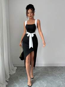 Rafferiza Asymmetric Fit Tied Bow Decor Minimalist Casual Dress For Women, Spring/Summer - Black and White - View 5