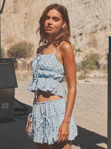 WESTFADE Floral Gingham Tie Front Cami Top & Bow Mini Skort Women Two Pieces Matching Set Nashville Country Western Concert Outfit - Blue and White - View 1