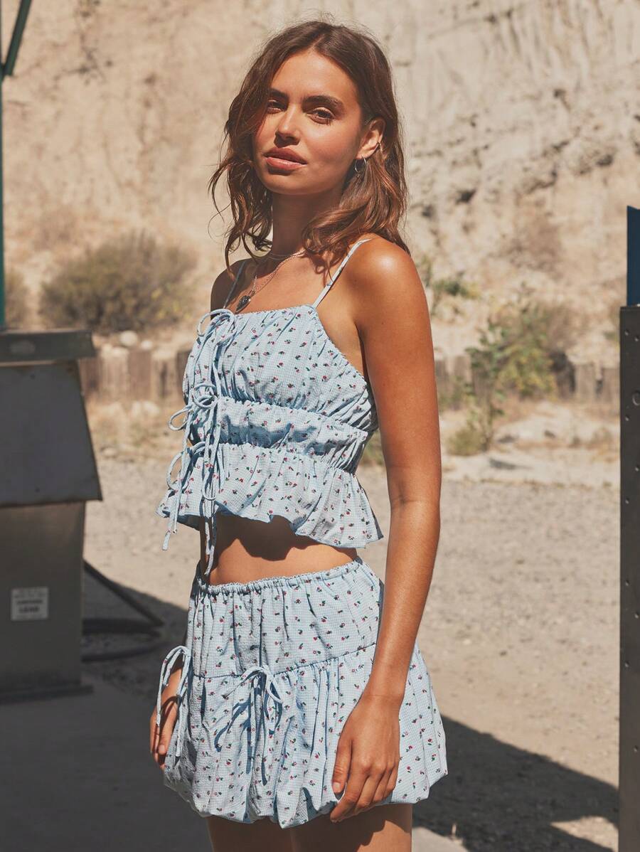 WESTFADE Floral Gingham Tie Front Cami Top & Bow Mini Skort Women Two Pieces Matching Set Nashville Country Western Concert Outfit - Blue and White - View 1