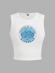 SUPERMAN X SHEIN Top sin mangas ajustado con gráfico de letras para mujer, verano - Blanco - Ver 4