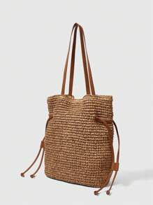 ROMWE Fairycore 1pc Khaki Woven Raffia Tote Bag And Accessories, Fashionable Personalized Beach Resort Style Ladies Handbag