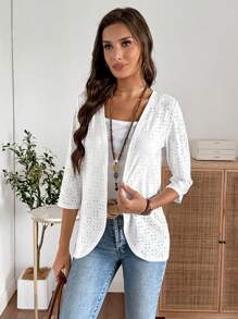 EMERY ROSE Women's Summer Casual Solid Color Hollow Out Embroidered Regular Jacket Summer Tops Going Out Tops Vacation Outfits Woman