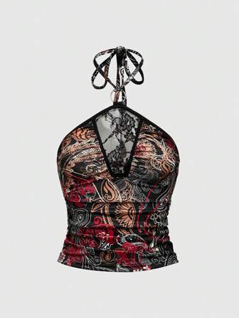 Fairycore Women's Sexy Lace Patchwork Print Halter Neck Backless Crop Top, Summer