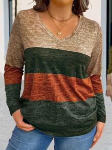 EMERY ROSE Plus Size Striped Contrast Color V-Neck Long Sleeve T-Shirt Women Tops For Spring Fall - Multicolor - View 3