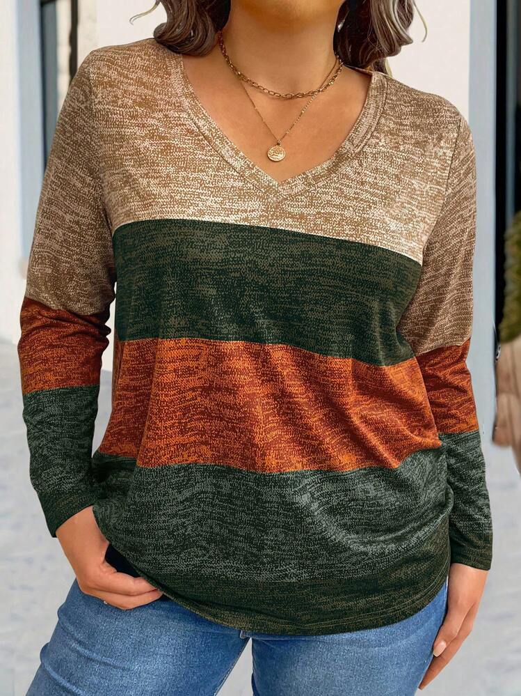 EMERY ROSE Plus Size Striped Contrast Color V-Neck Long Sleeve T-Shirt Women Tops For Spring Fall - Multicolor - View 3