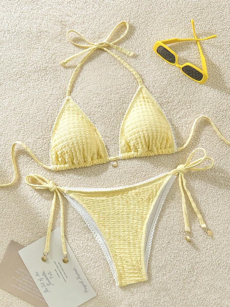 Swim Mod Swim Vcay 2pcs Women Sexy Lace Trim Jacquard Triangle Bikini Set, Simple Strap Tie Up Halter Yellow Bikini Set With Gold Shell Decor For Summer Beach Vacation - Yellow - View 1