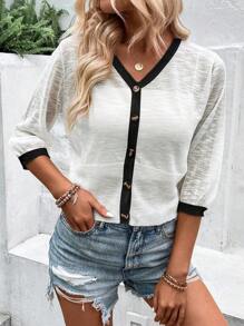 EMERY ROSE Cárdigan de manga corta de bloqueo de color informal de vacaciones con ribete