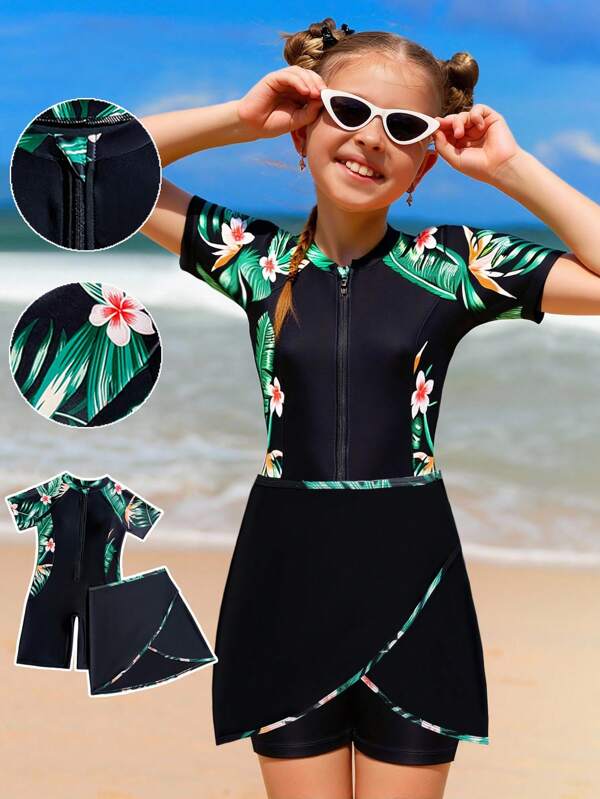 Tween Girls Floral Print One-Piece Swimsuit, Front Zipper Closure Short Sleeve With Side Spliced Flower Pattern Black Shorts Integrated Two-Piece Summer Holiday