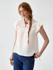 Florisole Bohemian Lace Patchwork Cap Sleeve Women Blouse - White - View 4