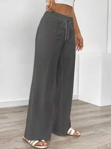 SHEIN PETITE Pantalones de lino casuales y elegantes para vacaciones de mujer - Gris Oscuro - Ver 3