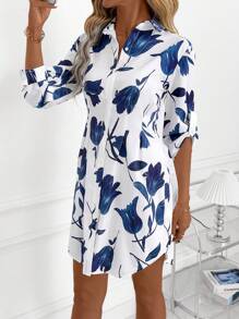 SHEIN Clasi Women's New Floral Print Collared Long Sleeve Short Dress, Versatile For Commute, Daily Wear, Outing - Blue & White Teacher Outfits For Women Dresses For Women Summer Dresses For Women Teacher Outfits For Women  Fall Women Clothes Country Outfits Women Fall Women Clothes Back To School  Old Money Style Women