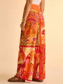 CAJUNI Women's Boho Tropical Coconut Tree, Parrot, Tropical Floral Orange Print, 4-Grid Square Scarf, Casual Beach Wide Leg Pants, Summer - Multicolor - View 3