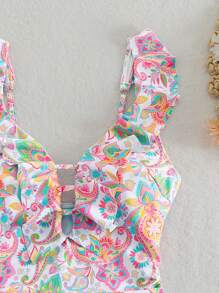 Swim Vcay Women's Floral Print Ruffle Trim V-Neck Sleeveless Bikini Swimsuit Set, Casual Beach Vacation For Summer - Multicolor - View 7