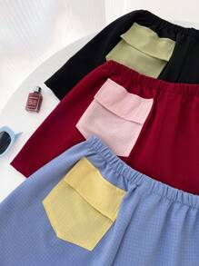 Set de 3 pantalones de estar en casa de mujer con bolsillos, diseño de bloques de color y textura de burbujas - Multicolor - Ver 3
