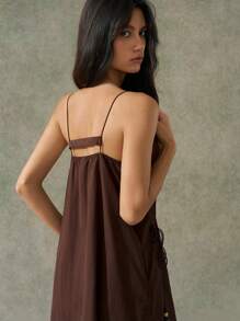 LYSMO 2025 Summer And Early Autumn Minimalist Style INS Blogger Style Brown Suspender Drawstring Dress For Festival Style, Birthday Party Outfits, Airport Style And Back To School Season - Khaki - View 7