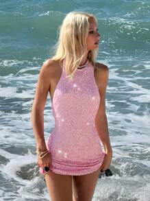 SHEIN ICON Neck Tie Waist Sequin Backless Flared Mini Party Dress, Pink - Pink - View 6