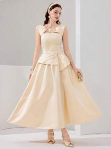 Poshira Women's Elegant Solid Color Round Neck Cutout Ruffle Evening Dress,Heavy-Duty Design Bandage Waist Wedding Ball Gown,Plus Size Formal Birthday Dresses - Champagne - View 3