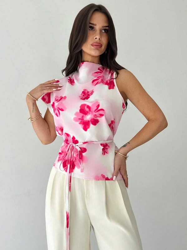 Firerie Bluză elegantă pentru femei, de vară, cu imprimeu floral roz, mâneci asimetrice, talie strânsă, tiv asimetric, model casual, pentru vacanță și plajă