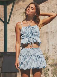 WESTFADE Floral Gingham Tie Front Cami Top & Bow Mini Skort Women Two Pieces Matching Set Nashville Country Western Concert Outfit - Blue and White - View 4