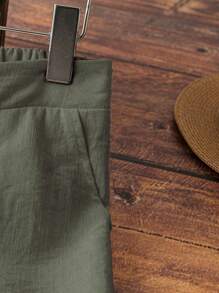 SHEIN Tall Pantalones largos informales estilo francés de aspecto de lino para mujeres - Verde militar - Ver 4