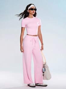 Eassivo Set de 2 piezas de ropa deportiva de verano para mujer, que incluye top de manga corta sólido y pantalones con nudo, conjunto de ropa deportiva de color rosa para hacer ejercicio - Rosa - Ver 4