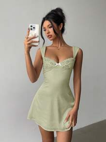 Aloruh 女士性感优雅方领修身缎面连衣裙 - 薄荷綠 - 查看 8