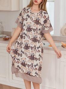SHEIN Cartoon Bear Print Flounce Hem Women Casual Nightgown For Women Summer, Moo Moo - Multicolor - View 6