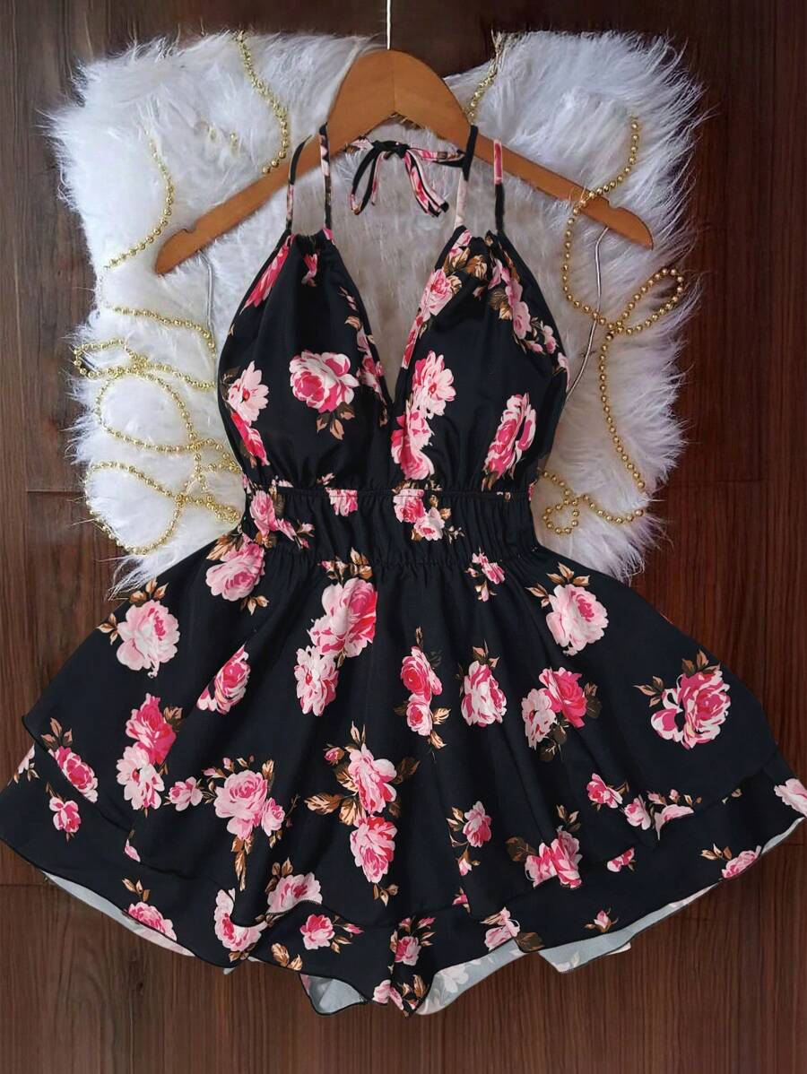 Flirla Plus Size Women Open Back Holiday Floral Print Spaghetti Strap Double Layer Hem Jumpsuit - Multicolor - View 1