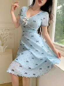 Feyla 女式夏季圆点蝴蝶结印花V领短袖迷你连衣裙 - 藍色 - 查看 6