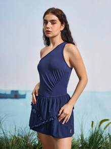 SHEIN In My Nature Women Solid Color Ruffle One-Shoulder Outdoor Dress