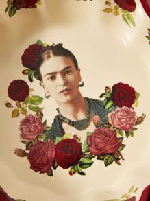 Frida Kahlo X SHEIN 1 pieza Tazón de cerámica con diseño de pétalos, resistente al calor, apto para microondas y lavavajillas, adecuado para cereales, frutas, sopas, etc.